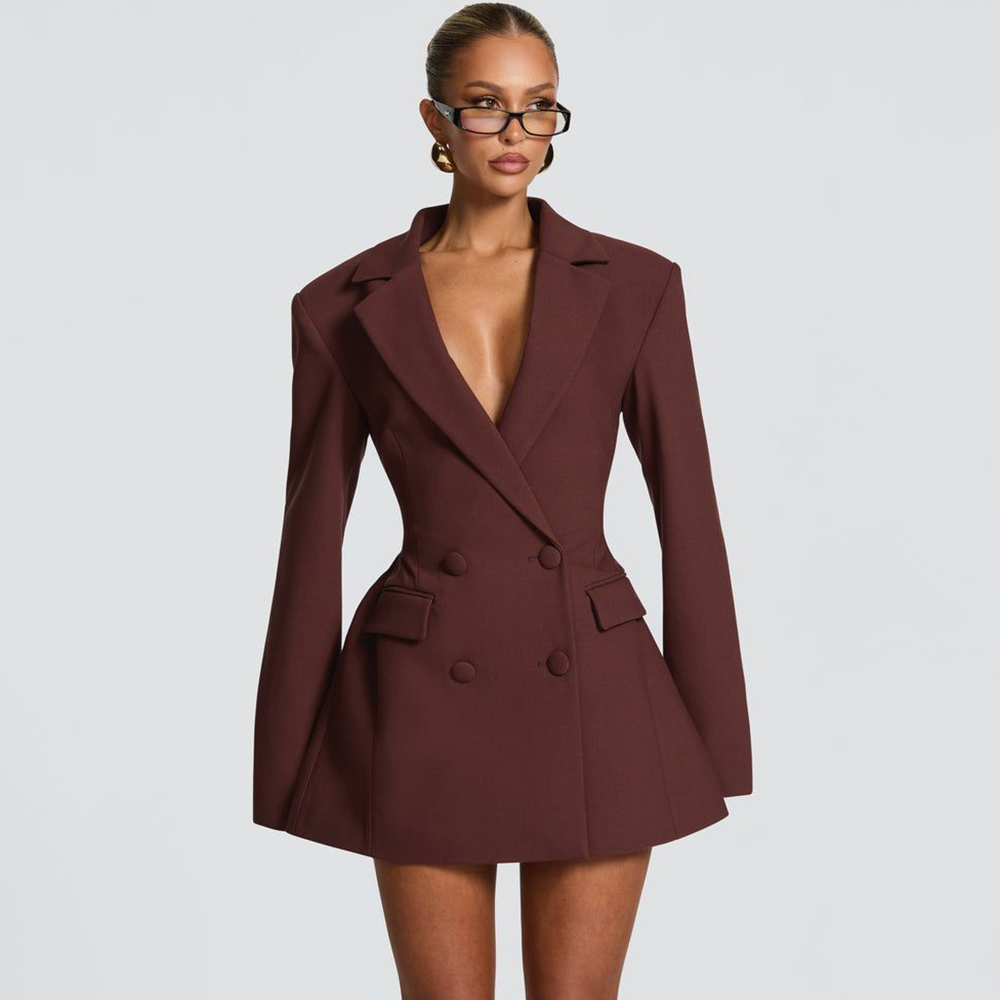 Women Formal Wear Shirt And Pant - Elegant Women's Brown Flared Blazer Dress
