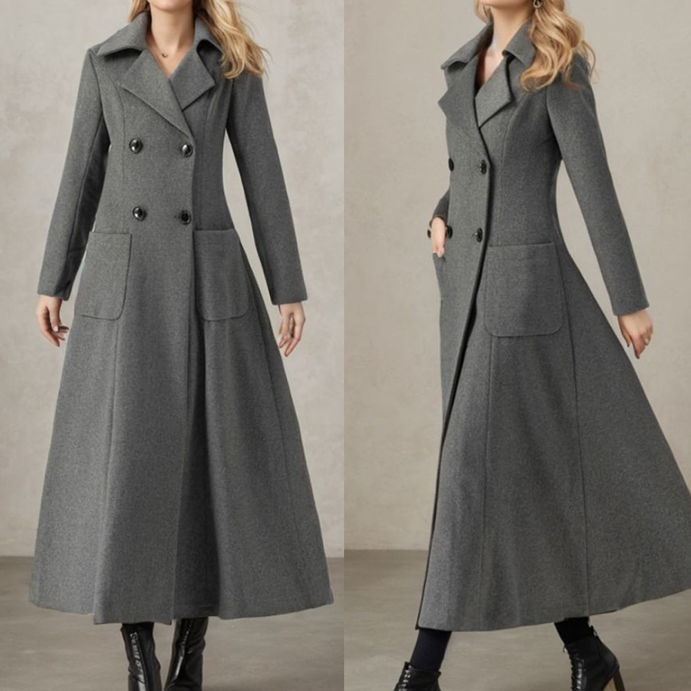 Tailored Coat Wool - Women Gray Long Jacket Wool Double