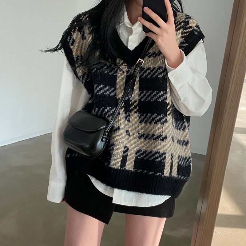 Plaid Lady Sweaters Tops 2025  - Women Formal Wear Korean review and price