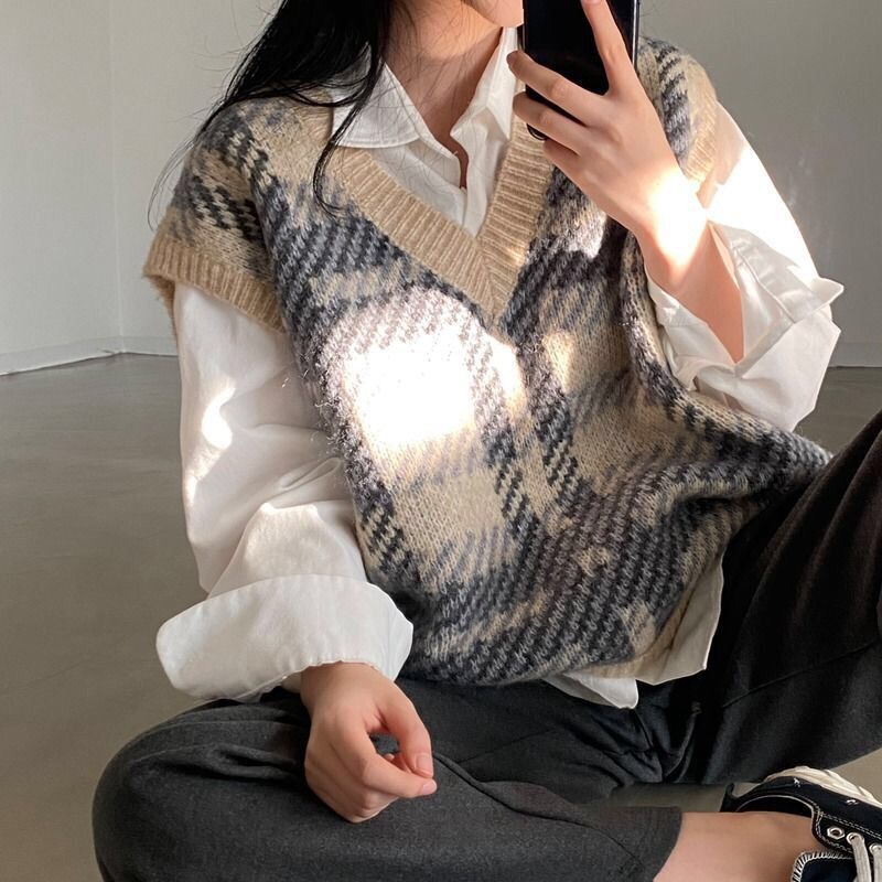Plaid Lady Sweaters Tops 2025  - Women Formal Wear Korean review and price