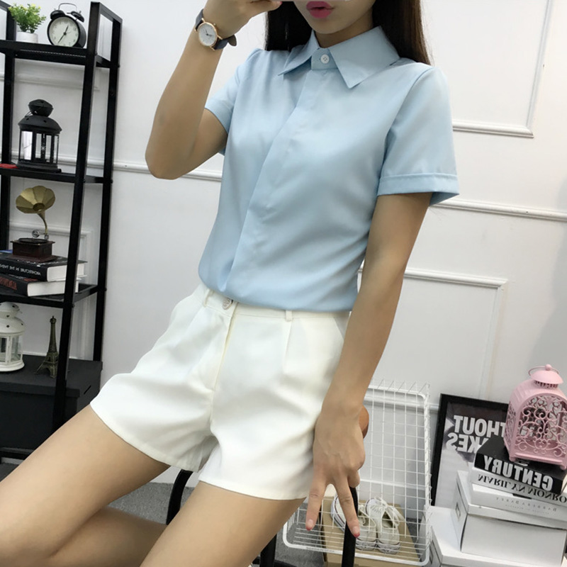 White Loose Short Sleeve Shirt - Women Formal Wear Korean review and price